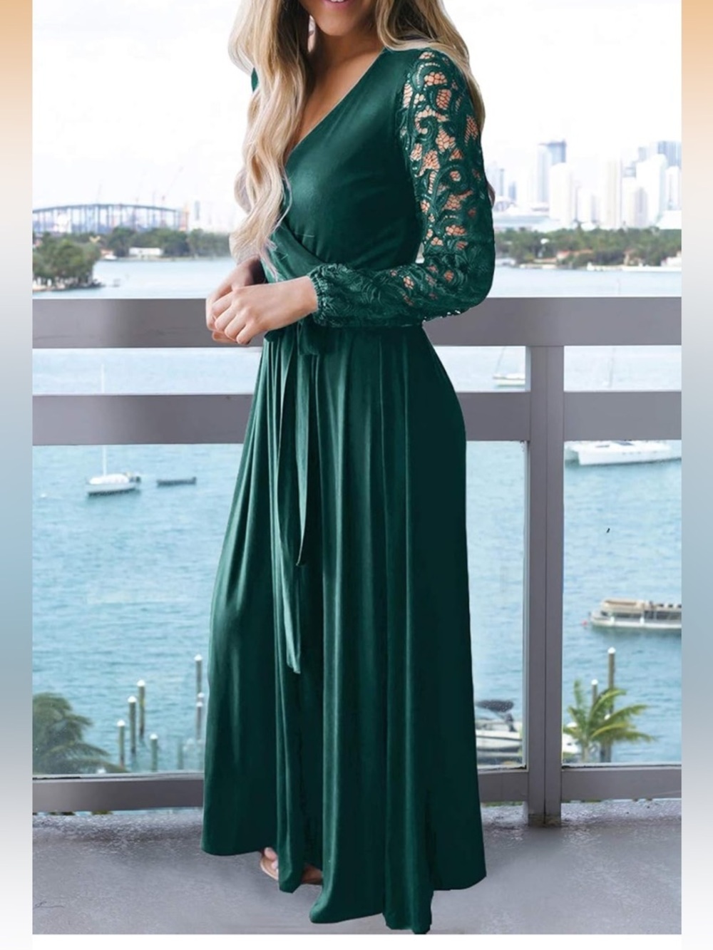 Women’s Deep Green Lace Sleeve Maxi Dress - Picture 2 of 10